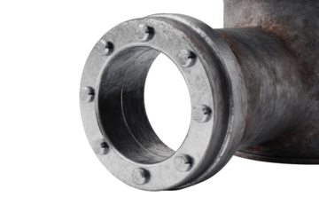 Close-up of a rusty metal pipe flange with bolts, isolated on transparent background. background removed