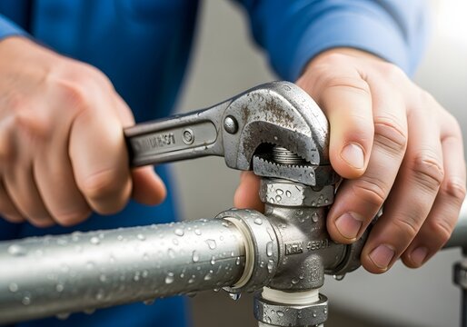 Plumber using adjustable wrench to fix pipe with water drops