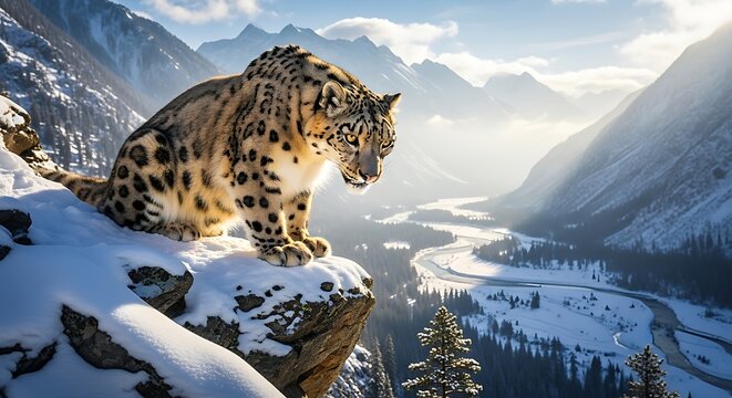 A majestic snow leopard perched on a rocky, snow-covered cliff overlooking a vast, sunlit valley with a winding river and pine trees. - Powered by Adobe