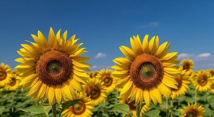 Obraz premium Vibrant Sunflowers in a Field Under a Blue Sky.