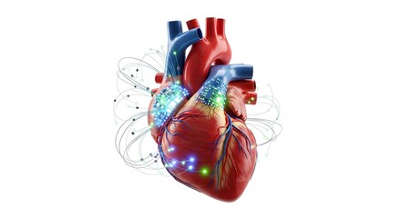 Naklejka premium A detailed medical illustration of a human heart with glowing accents, showcasing the intricacies of cardiovascular health. 