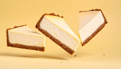 Cheesecake slices in mid-air