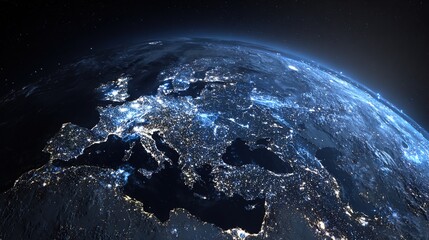 Earth from space with visible international borders rendered by nighttime light patterns across continents. stock image, hd quality