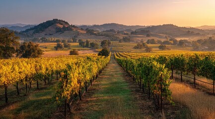 Fototapeta premium Golden vineyard rows stretch into a hazy sunrise landscape. Rolling hills fade into a soft horizon