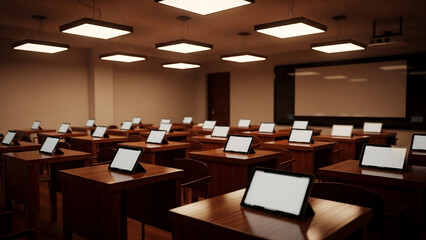 Modern Lecture Hall with Digital Tablets on Every Desk Under Square Lights