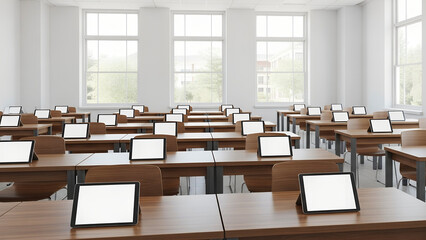 Sunlit Digital Classroom: Orderly Rows of Desks with Blank Tablet Mockups