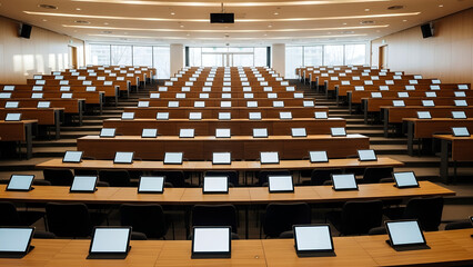 Orderly Rows of Blank Tablets Illuminate an Empty, Modern University Auditorium
