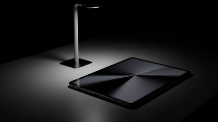 Sleek Modern Lamp and Tablet in Dramatic Chiaroscuro with Radial Reflection