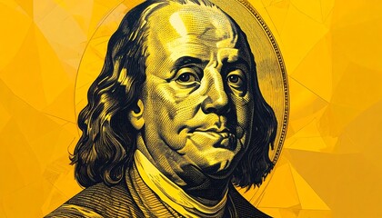 Benjamin Franklin's portrait, a detailed illustration, set against a bold yellow background, showcasing intricate detail and a rich, golden tone.