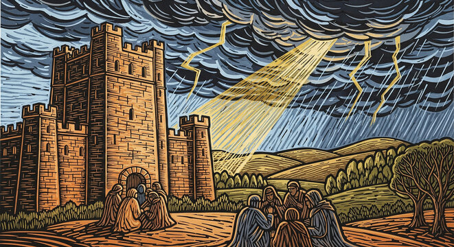 Nahum 1 The  Stronghold in the Storm rinocut print style