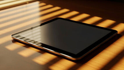 Digital Solitude: Tablet with Blank Screen Under Dramatic Window Blind Shadows