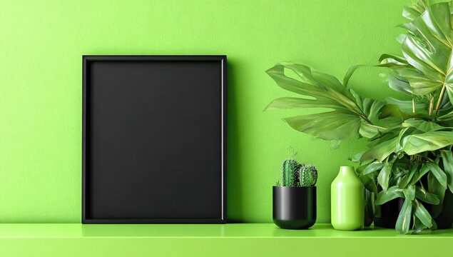 Blank black frame on lime green shelf with plants