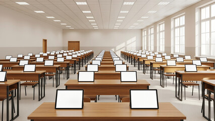 Orderly Rows of Digital Learning: A Vast, Empty Classroom with Blank Tablet Mockups.