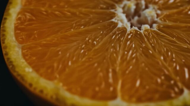 Closeup of a vibrant orange slice showcasing its juicy segments and textured pith