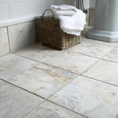 Close up of a woven basket filled with fluffy white towels on a light colored tiled bathroom floor