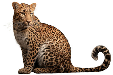Fototapeta premium A majestic leopard sits against a transparent background, showcasing its striking spots and powerful stance. background removed