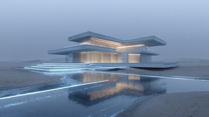 Modern concrete house in desert landscape, lit by subtle neon