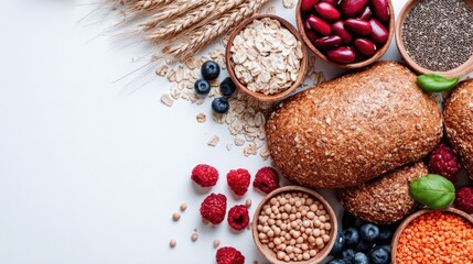 Obraz premium Assorted grains, legumes, and berries arranged on a white surface