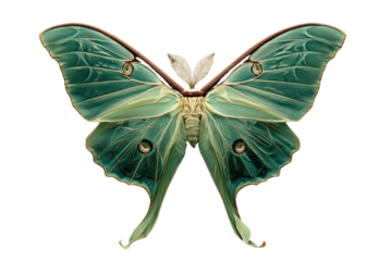 A stunning, detailed close-up of a Luna moth with vibrant teal wings against a transparent background. background removed