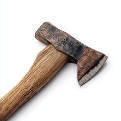 Close-up of a vintage-style hatchet.  Wooden handle, aged metal head.  Light reflects off the tool's surface.  Isolated on white