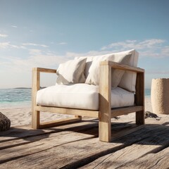 Wooden beach chair with white cushions.  Coastal scene