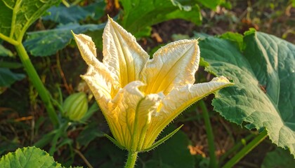 A delicate, pale yellow flower blossoms in a vibrant green garden setting, bathed in natural sunlight.