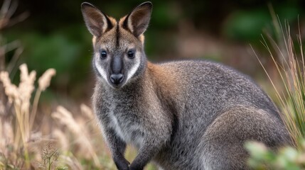 Naklejka premium Agile Wallaby Portrait in Natural Habitat, Peaceful Wildlife, Brown Fur, Australian Wildlife, Nature Photography
