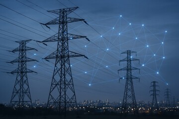 High Voltage Power Lines with Digital Network Overlay at Twilight, Illustrating Energy Technology