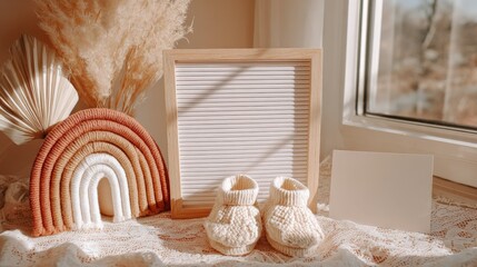 Adorable Baby Announcement Mockup Featuring a Wooden Frame, Rainbow Decor and Cute Baby Booties