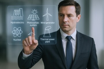Obraz premium Businessman Navigating Renewable Energy Sources on Interactive Display for Sustainable Future and Eco-Friendly Technologies