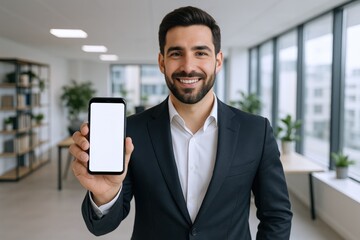 Smiling Businessman Displays Mobile Phone with Blank Screen in Modern Office Setting