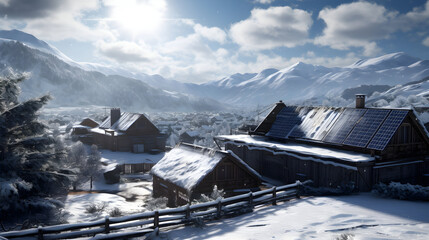 Fototapeta premium Serene Snowy Village Scape with Solar Panels nestled within the Majestic Mountain Range