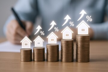 Real Estate Market Growth Illustration with Stacked Coins and Arrow Graphics, Depicting Investment and Appreciation