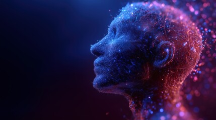 Abstract digital representation of a human head in vibrant blue and red hues