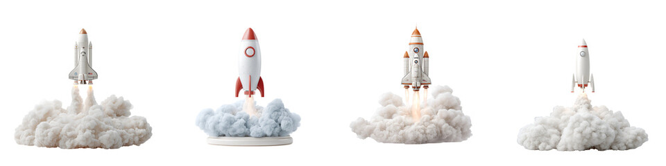Rocket Launch Compilation: Toy Spacecraft Taking Off with Cloud Trail, Isolated on White