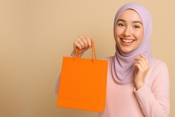Smiling Muslim woman in hijab holding shopping bag with copy space