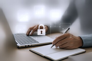 Data Security Concept: Person Using Laptop with Padlock Overlay, Illustrating Cybersecurity Measures and Data Protection