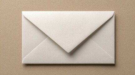 A single, blank, white envelope sits on a muted beige surface