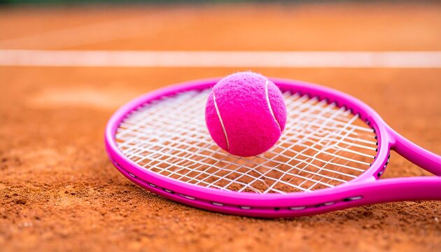 Vibrant pink tennis equipment on a clay court, symbolizing hope and support for breast cancer awareness through a charity sports event