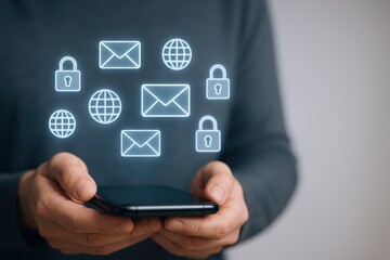 Mobile Security: Man Holding Phone with Security Icons for Email, Global Network, and Data Protection