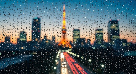Tokyo Tower Cityscape Through Rainy Window.