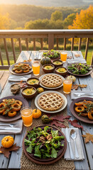 Bountiful Autumn Harvest Feast on a Rustic Deck Overlooking Golden Hour Hills