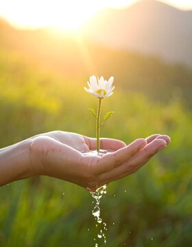 A delicate white flower held in a hand, water droplets cascading down