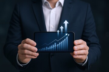 Businessman Presents Financial Growth Chart on Smartphone, Demonstrating Positive Market Trend and Investment Success