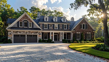 A stately, traditional-style home with a stone facade,  dark-toned garage doors, and manicured landscaping, bathed in the warm glow of the late afternoon sun.