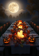 An Ethereal Halloween Feast: A Candlelit Table Under a Luminous Full Moon