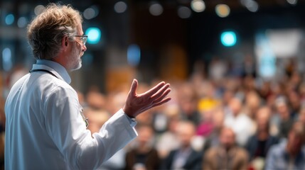 Scientist speaking at a scientific conference with audience