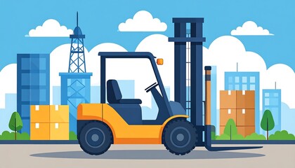 A vibrant illustration of a forklift positioned amidst a cityscape, ready for loading cargo.