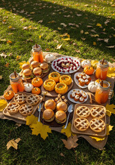 Abundant Autumnal Picnic Feast with Mini Pies, Sliders, and Pumpkin Soup in Sunlight.