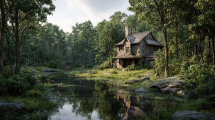 Fototapeta premium Rustic stone house nestled in a tranquil forest by a still pond. Lush greenery surrounds a quaint, slightly weathered building reflecting in the calm water